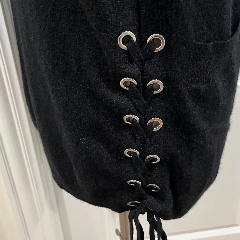 Aqua Cashmere Sweater Cardigan w/‎ Pockets Women's Size XS Black Side lace up - Picture 4 of 16